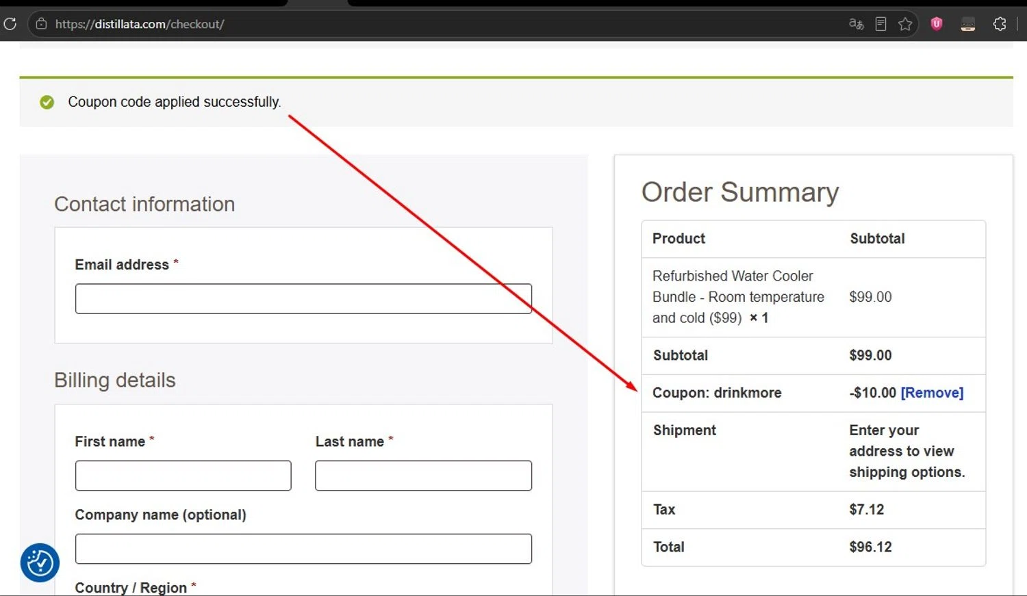 Distillata promo code screenshot showing code DRINKMORE applied at Distillata checkout page. Uploaded by SimplyCodes community member HonestVzla on May 26, 2026