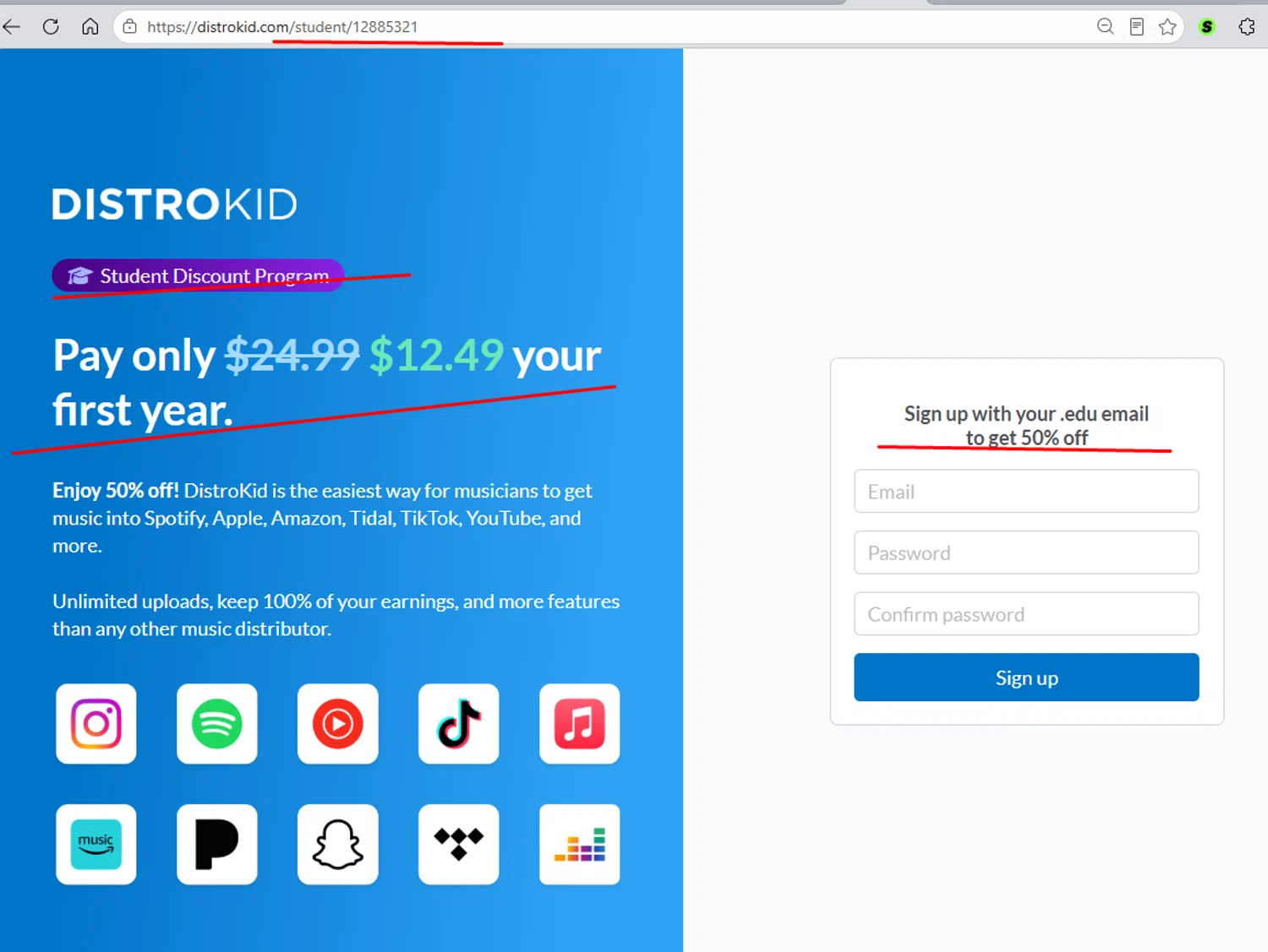 Distrokid promo code screenshot showing code 12885321 applied at Distrokid checkout page. Uploaded by SimplyCodes community member morella687 on Jun 18, 2026