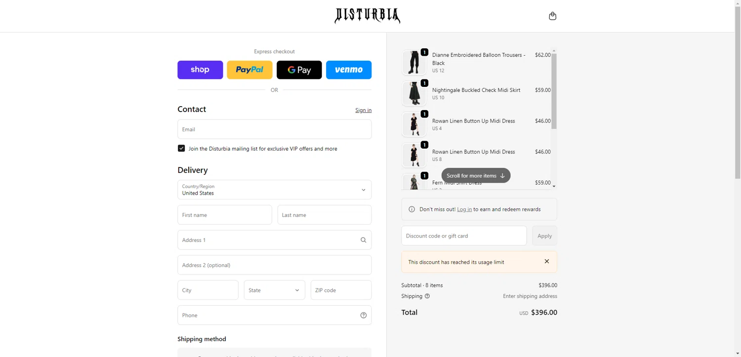 Disturbia US promo code screenshot showing code SAVE2543PZLRV8 applied at Disturbia US checkout page. Uploaded by SimplyCodes community member TreasureKnight4134 on Feb 20, 2026