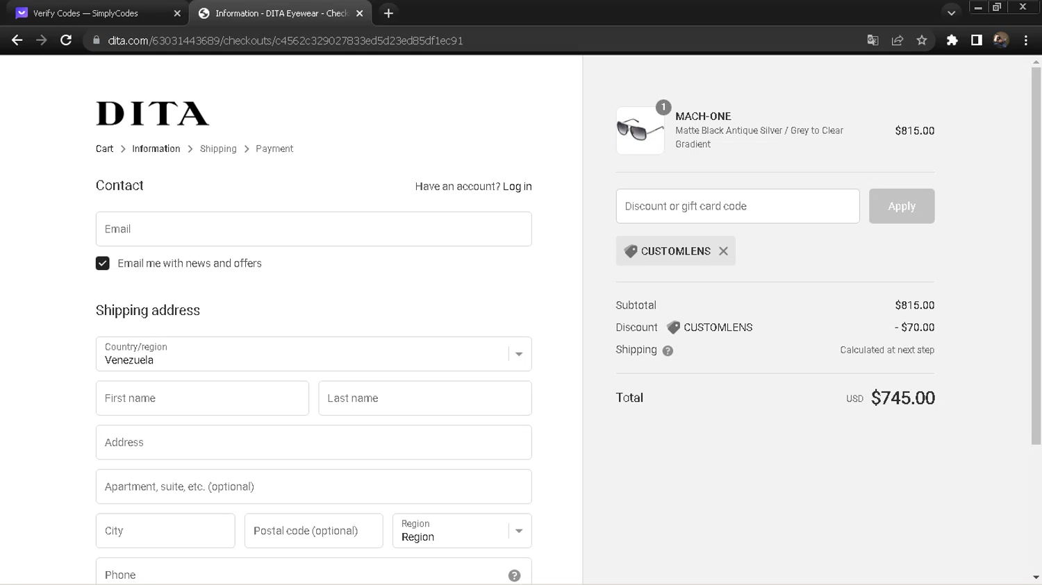 Dita checkout page showing Dita discount code box | Screenshot taken by SimplyCodes community member on Mar 30, 2024