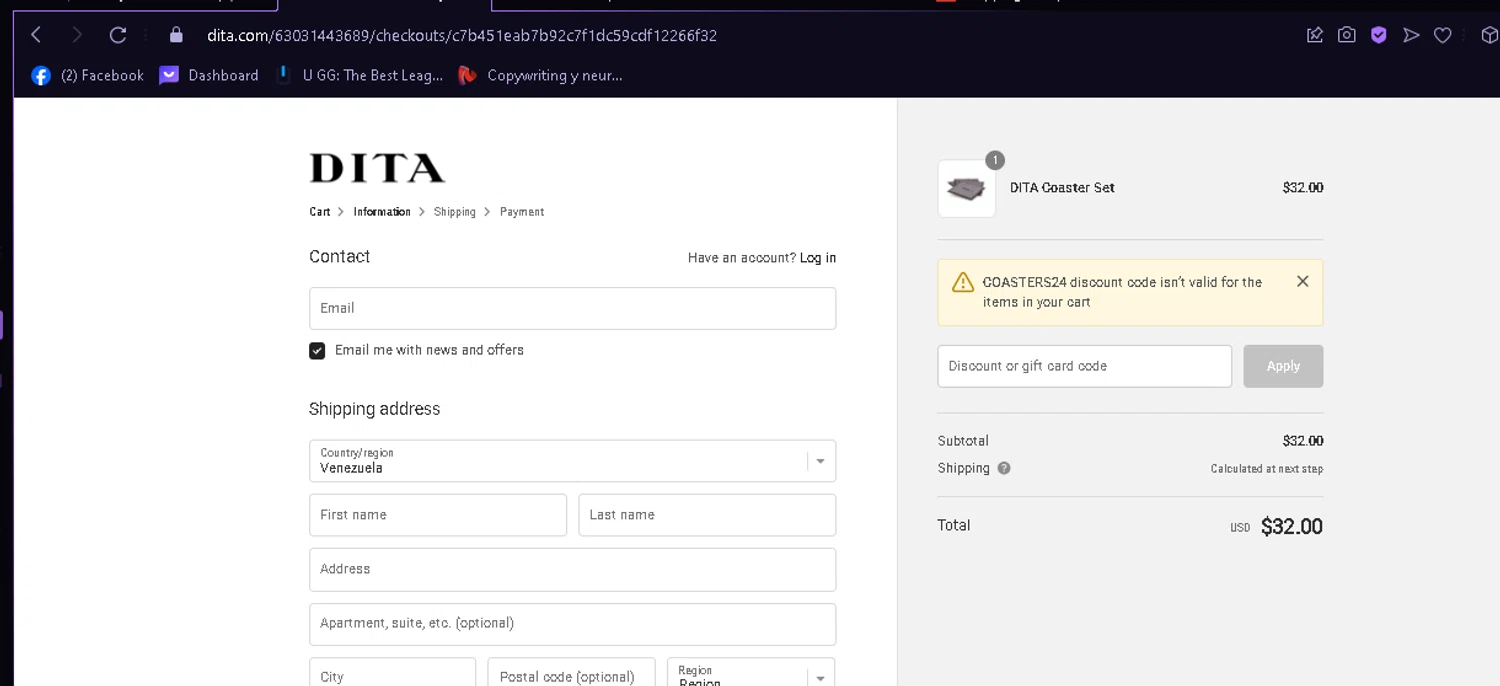 Dita checkout page showing Dita discount code box | Screenshot taken by SimplyCodes community member on Mar 30, 2024