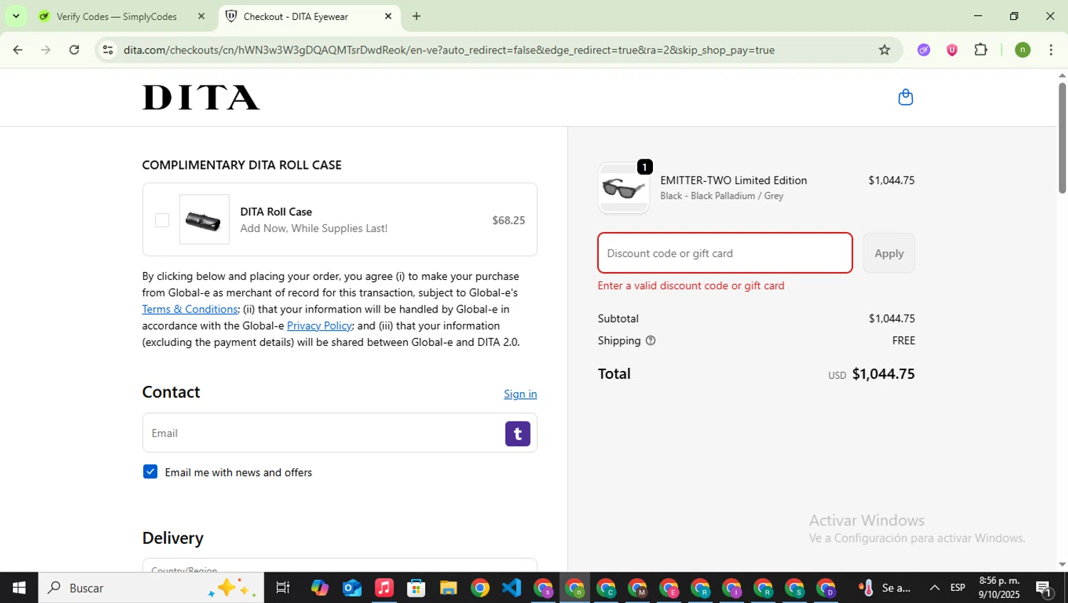 Dita discount code screenshot showing code msmaverickmuse applied at Dita checkout page. Uploaded by SimplyCodes community member SwiftSaver6197 on Oct 10, 2025