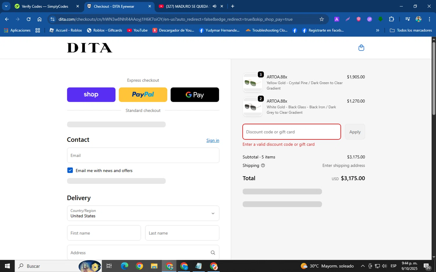 Dita discount code screenshot showing code msmaverickmuse applied at Dita checkout page. Uploaded by SimplyCodes community member helicoide on Oct 10, 2025