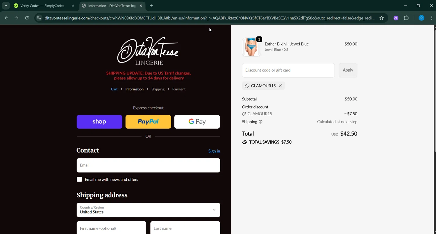 Dita Von Teese discount code screenshot showing code GLAMOUR15 applied at Dita Von Teese checkout page. Uploaded by SimplyCodes community member RoyalSage9159 on Jan 29, 2026