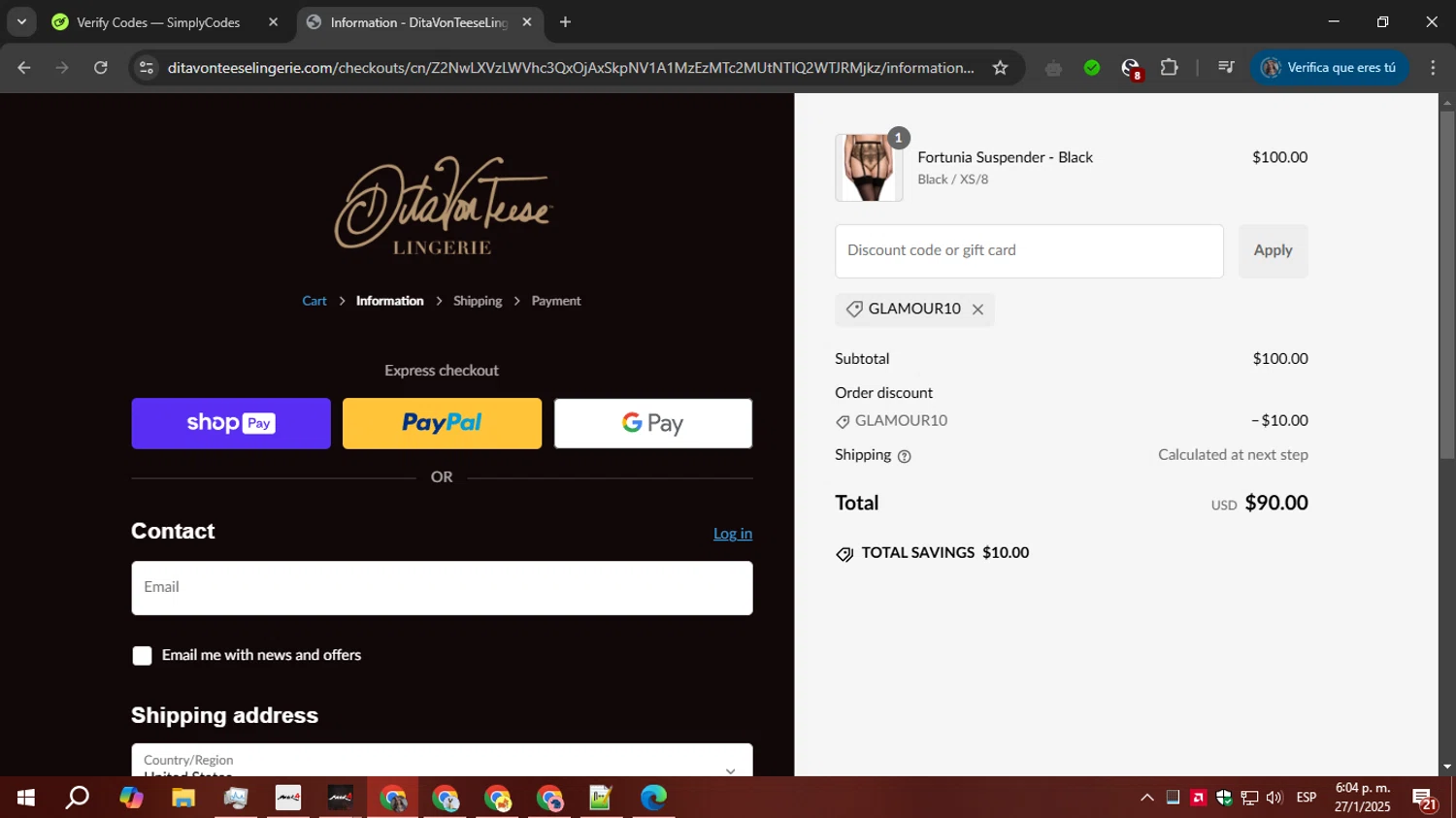 Dita Von Teese discount code screenshot showing code GLAMOUR10 applied at Dita Von Teese checkout page. Uploaded by SimplyCodes community member PrimeTiger1163 on Jan 27, 2025