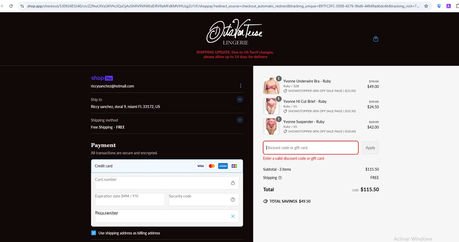 Dita Von Teese discount code screenshot showing code SALEPAGE applied at Dita Von Teese checkout page. Uploaded by SimplyCodes community member ShieldWarden5142 on Jun 14, 2025