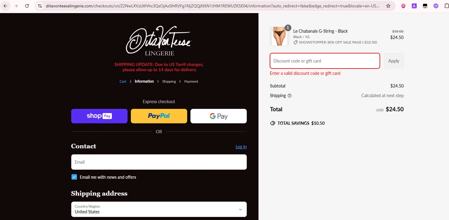 Dita Von Teese discount code screenshot showing code SALEPAGE applied at Dita Von Teese checkout page. Uploaded by SimplyCodes community member Teamgorila on Jun 14, 2025