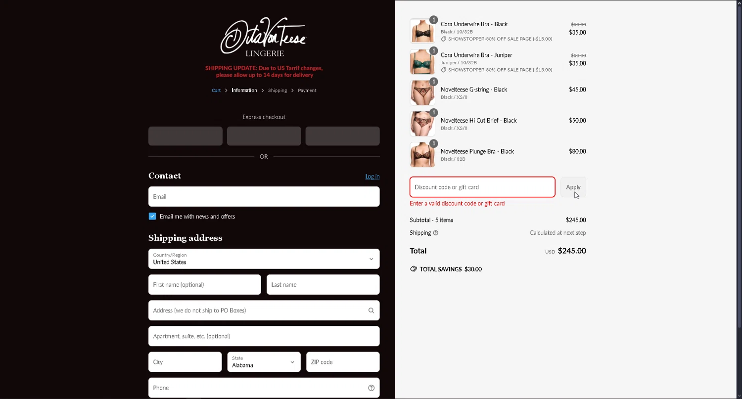 Dita Von Teese discount code screenshot showing code SALEPAGE applied at Dita Von Teese checkout page. Uploaded by SimplyCodes community member leonardjose on Jun 14, 2025