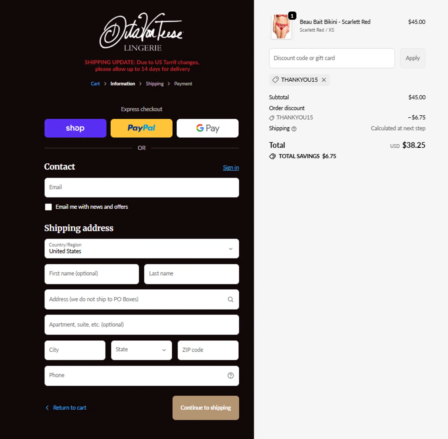 Dita Von Teese discount code screenshot showing code Thankyou15 applied at Dita Von Teese checkout page. Uploaded by SimplyCodes community member reggiesmith on Feb 18, 2026