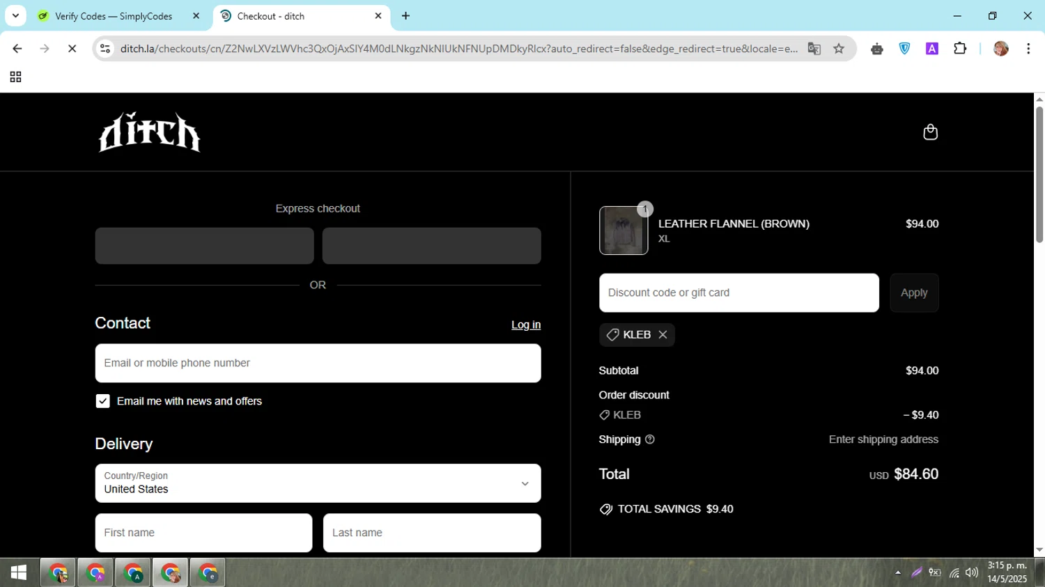 ditch discount code screenshot showing code KLEB applied at ditch checkout page. Uploaded by SimplyCodes community member hectorpetit1 on May 14, 2025