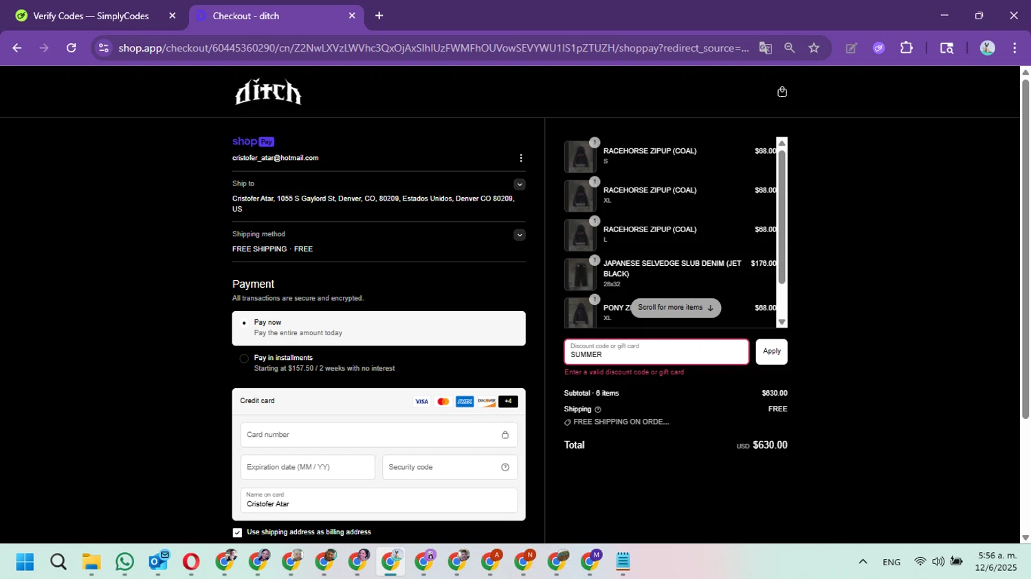 ditch discount code screenshot showing code SUMMER applied at ditch checkout page. Uploaded by SimplyCodes community member Marielis on Jun 12, 2025