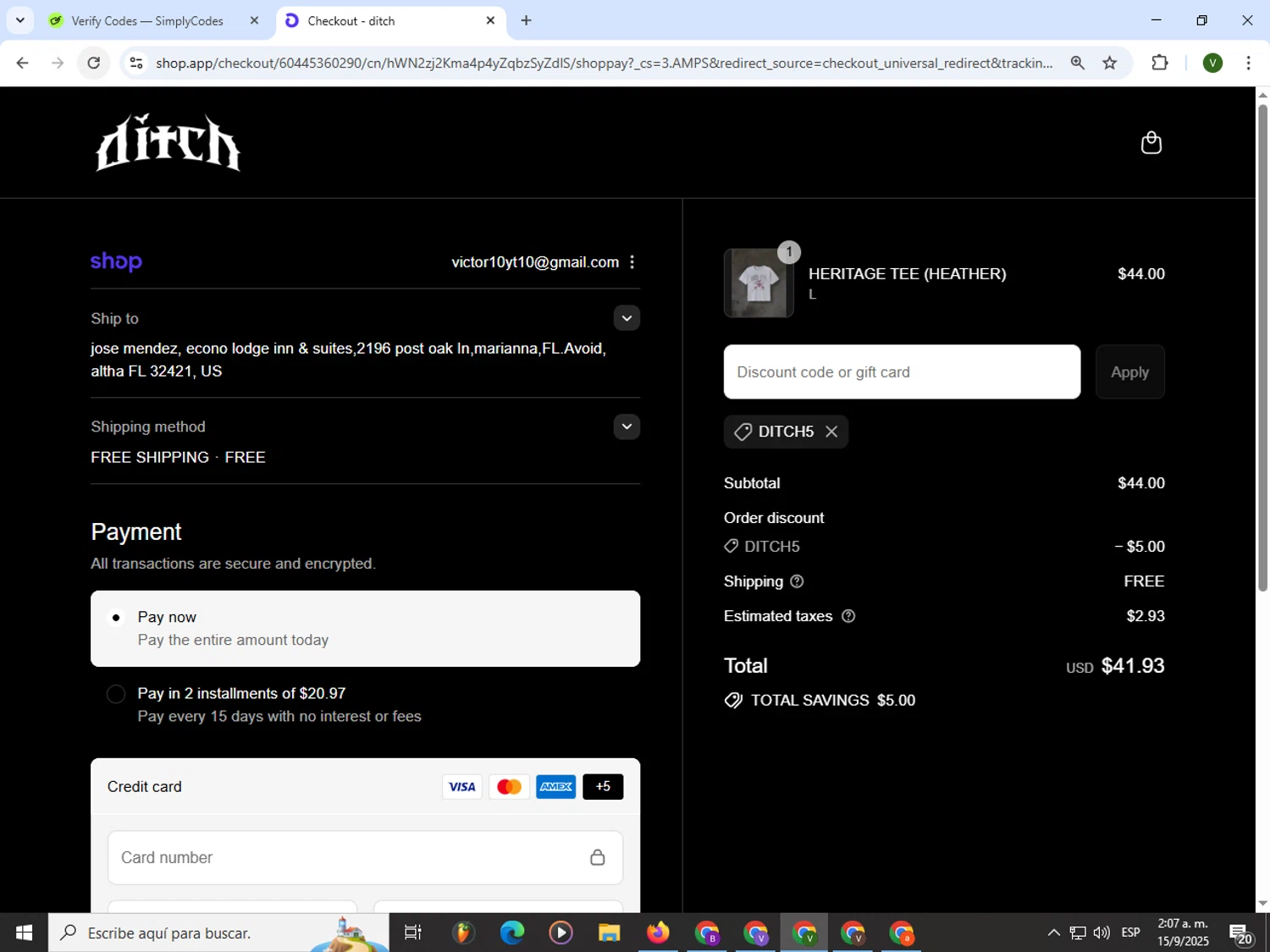 ditch discount code screenshot showing code DITCH5 applied at ditch checkout page. Uploaded by SimplyCodes community member PrimeWizard4168 on Sep 15, 2025