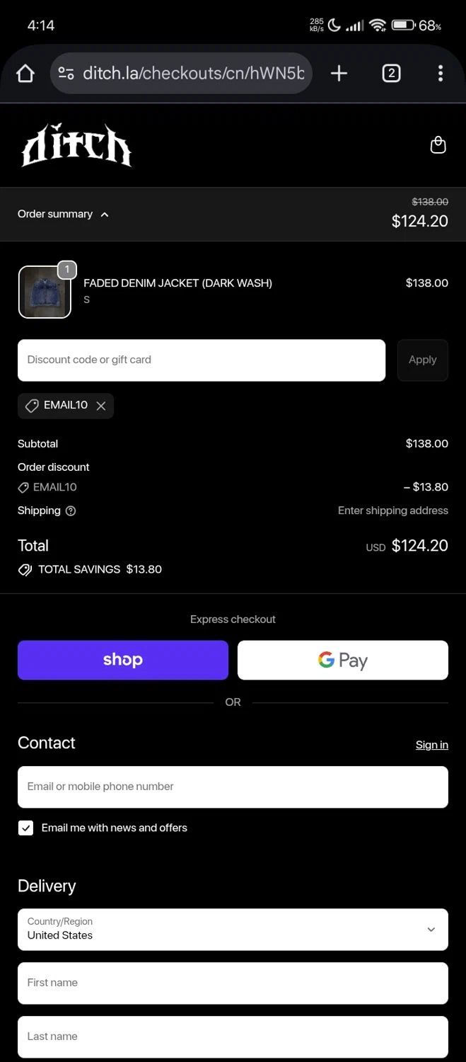 ditch discount code screenshot showing code EMAIL10 applied at ditch checkout page. Uploaded by SimplyCodes community member Bjhfuhdf on Nov 22, 2025