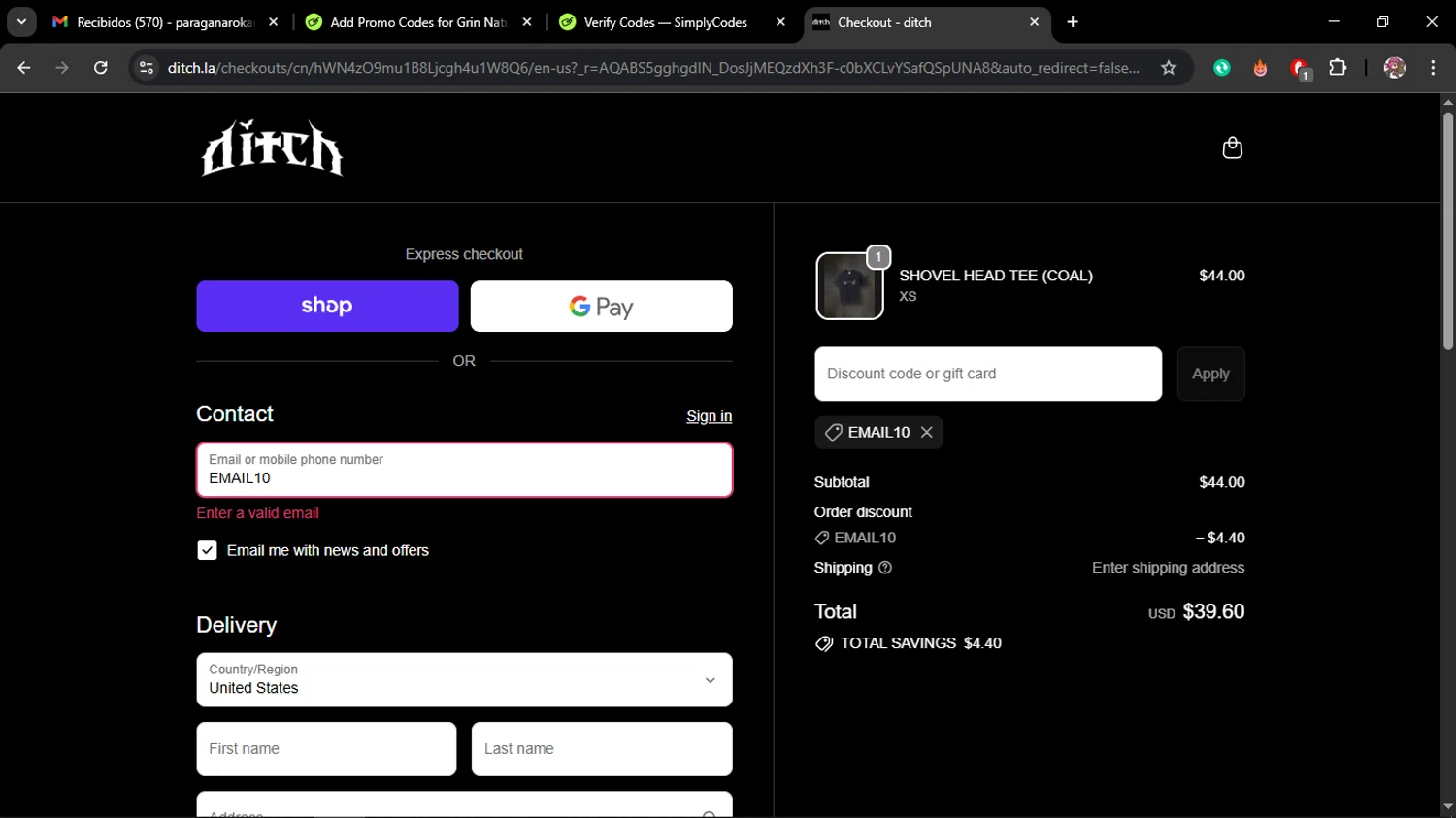 ditch discount code screenshot showing code EMAIL10 applied at ditch checkout page. Uploaded by SimplyCodes community member Juliet on Nov 6, 2025