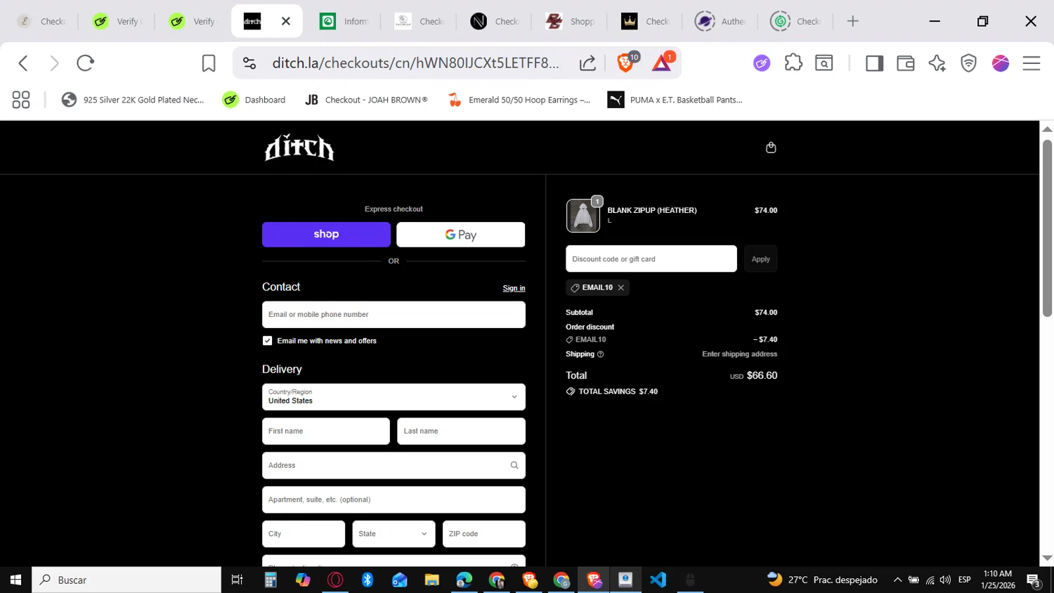 ditch discount code screenshot showing code EMAIL10 applied at ditch checkout page. Uploaded by SimplyCodes community member SavingsVirtuoso1883 on Jan 25, 2026