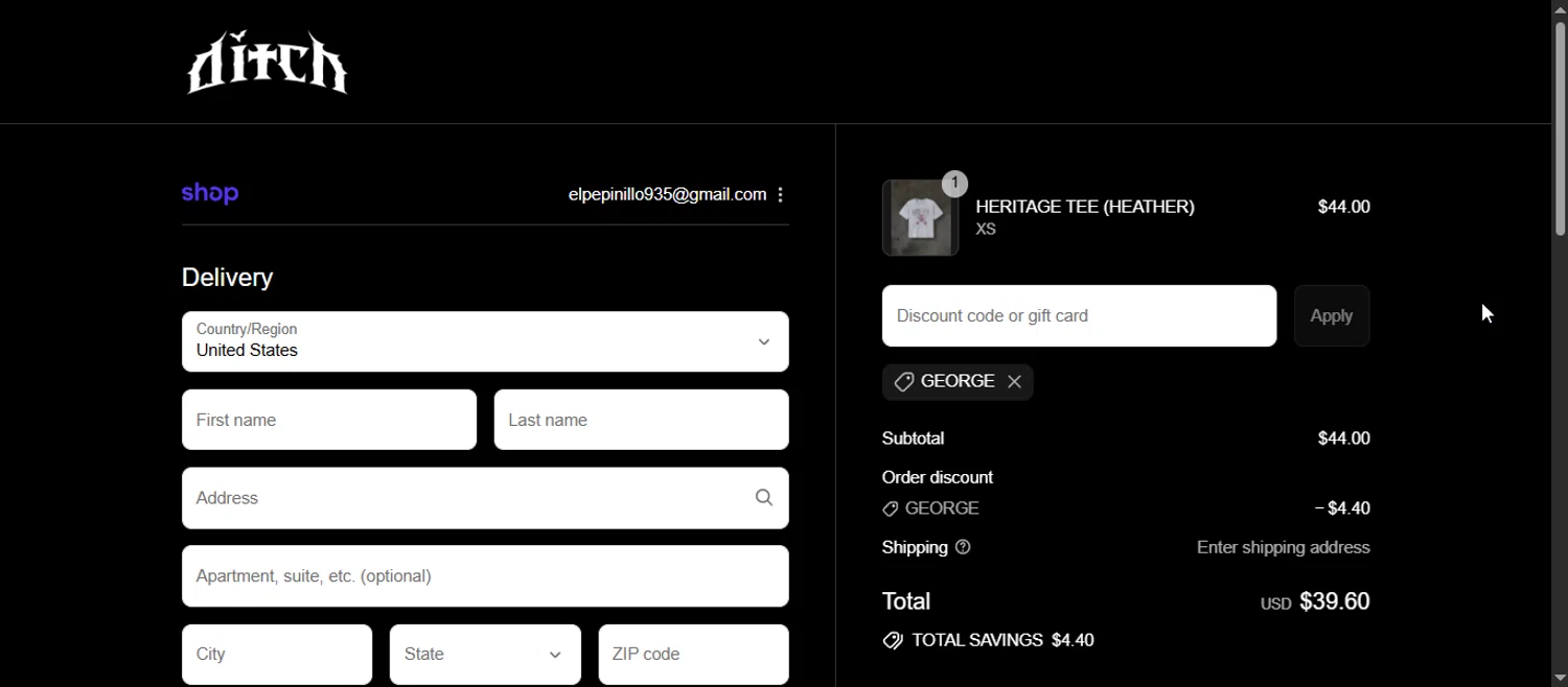 ditch discount code screenshot showing code GEORGE applied at ditch checkout page. Uploaded by SimplyCodes community member Enmanuel99 on Sep 6, 2025