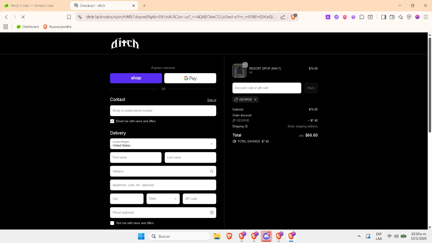 ditch discount code screenshot showing code GEORGE applied at ditch checkout page. Uploaded by SimplyCodes community member PrimeWhiz4850 on Jan 15, 2026