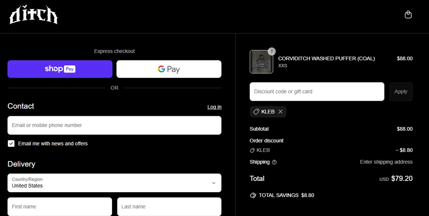 ditch discount code screenshot showing code KLEB applied at ditch checkout page. Uploaded by SimplyCodes community member salemigajera on May 14, 2025