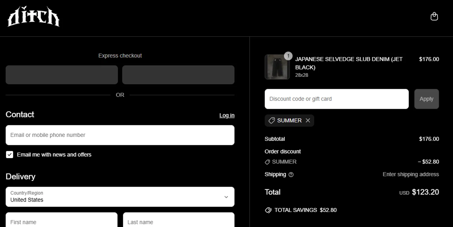 ditch discount code screenshot showing code SUMMER applied at ditch checkout page. Uploaded by SimplyCodes community member aumentadax10 on Jun 8, 2025
