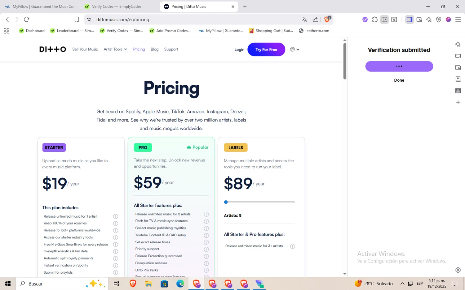 Ditto Music promo code screenshot showing code pro20 applied at Ditto Music checkout page. Uploaded by SimplyCodes community member Rayyyyyy on Dec 19, 2025