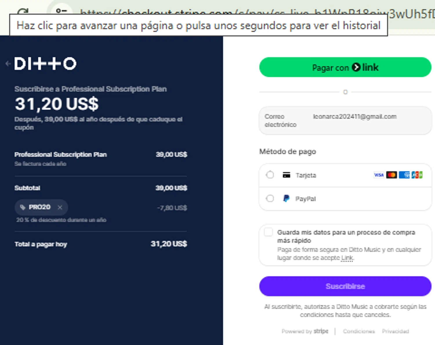 Ditto Music promo code screenshot showing code pro20 applied at Ditto Music checkout page. Uploaded by SimplyCodes community member RewardFinder4836 on Aug 20, 2025