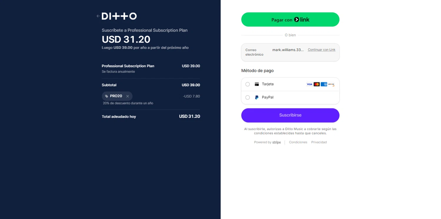 Ditto Music promo code screenshot showing code pro20 applied at Ditto Music checkout page. Uploaded by SimplyCodes community member renegul on Oct 6, 2025