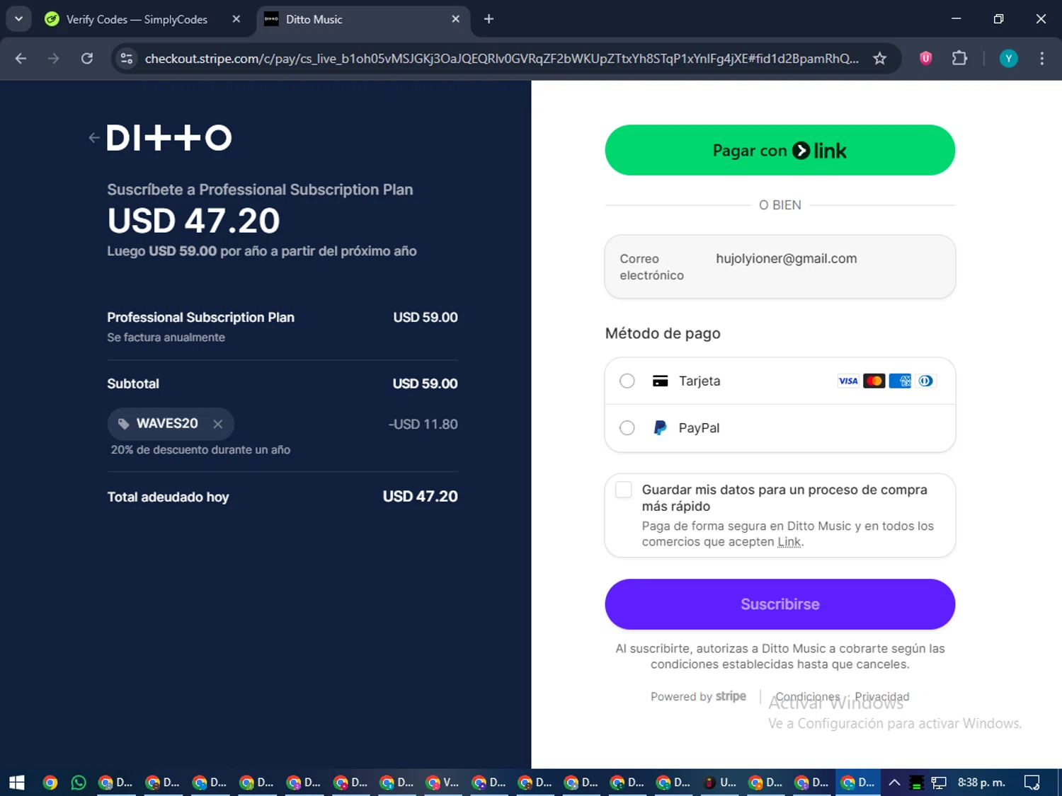 Ditto Music promo code screenshot showing code WAVES20 applied at Ditto Music checkout page. Uploaded by SimplyCodes community member RoyalEagle4794 on Dec 20, 2025