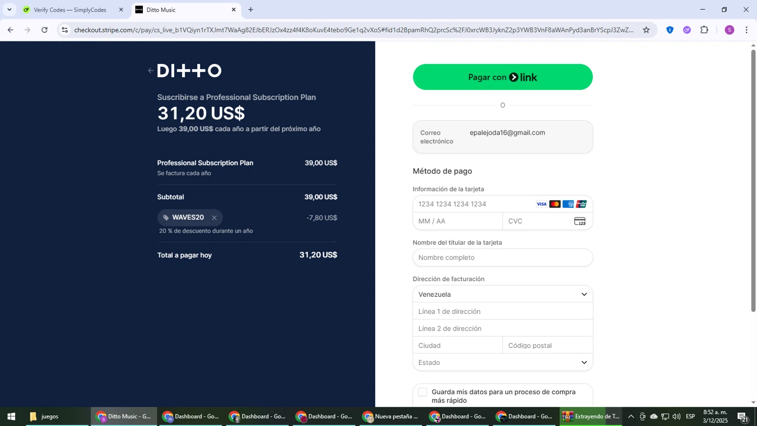 Ditto Music promo code screenshot showing code WAVES20 applied at Ditto Music checkout page. Uploaded by SimplyCodes community member Son_Goku on Dec 3, 2025