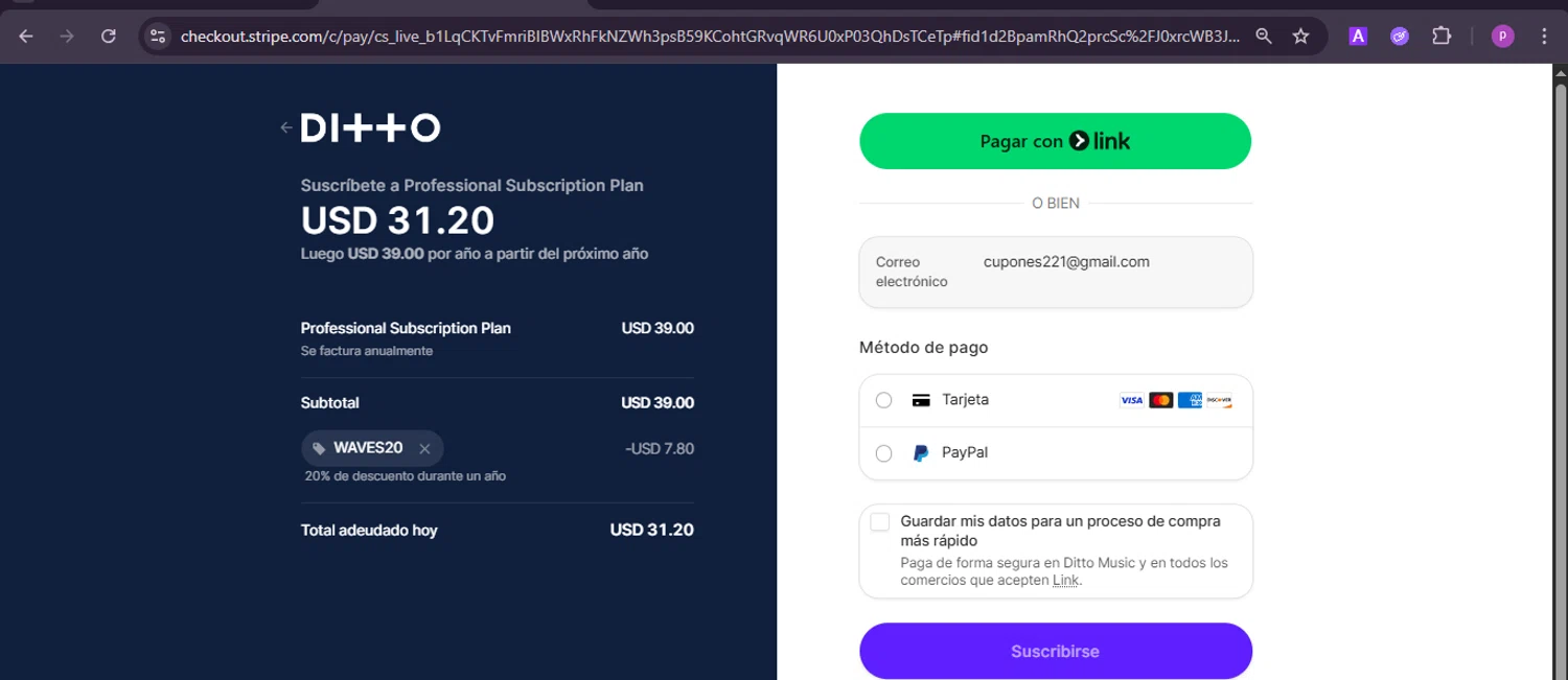 Ditto Music promo code screenshot showing code WAVES20 applied at Ditto Music checkout page. Uploaded by SimplyCodes community member firoas on Dec 28, 2025