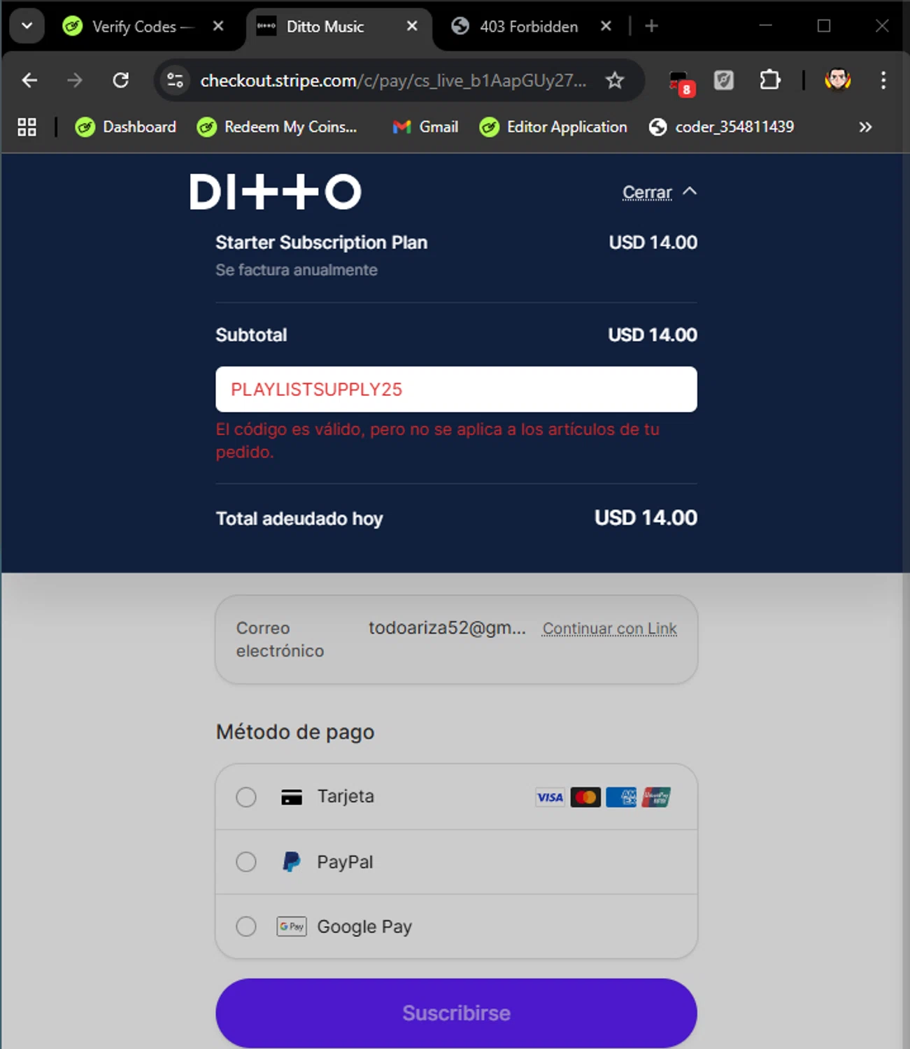 Ditto Music promo code screenshot showing code PLAYLISTSUPPLY25 applied at Ditto Music checkout page. Uploaded by SimplyCodes community member ArizaJuan on Oct 2, 2025