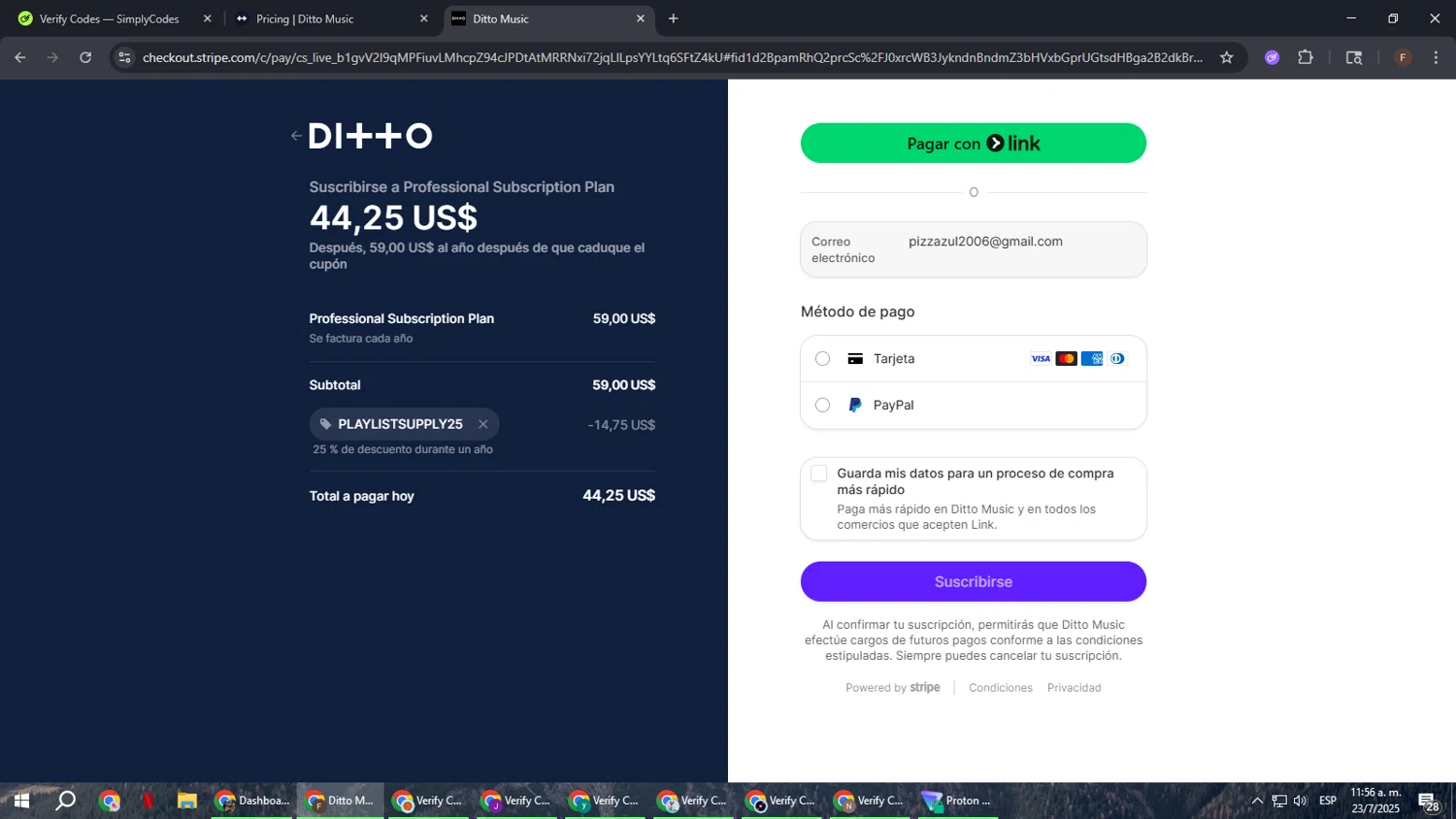 Ditto Music promo code screenshot showing code PLAYLISTSUPPLY25 applied at Ditto Music checkout page. Uploaded by SimplyCodes community member ExtraordinaryHunter3076 on Jul 23, 2025