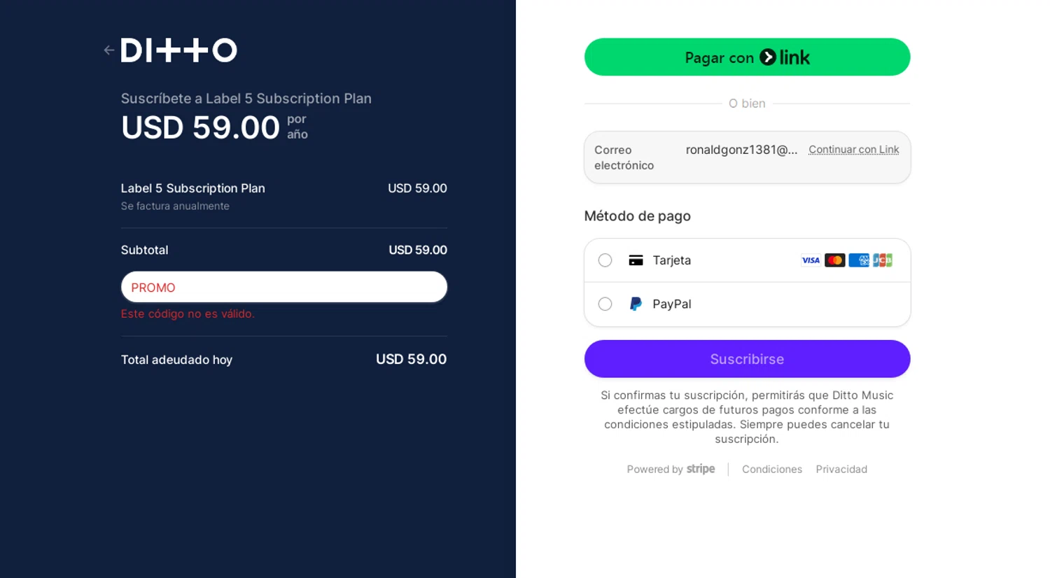 Ditto Music promo code screenshot showing code PROMO+ applied at Ditto Music checkout page. Uploaded by SimplyCodes community member Gonzalez010203 on Jul 28, 2025