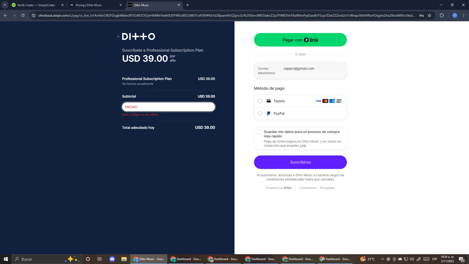 Ditto Music promo code screenshot showing code PROMO applied at Ditto Music checkout page. Uploaded by SimplyCodes community member RoyalExpert3857 on Nov 3, 2025