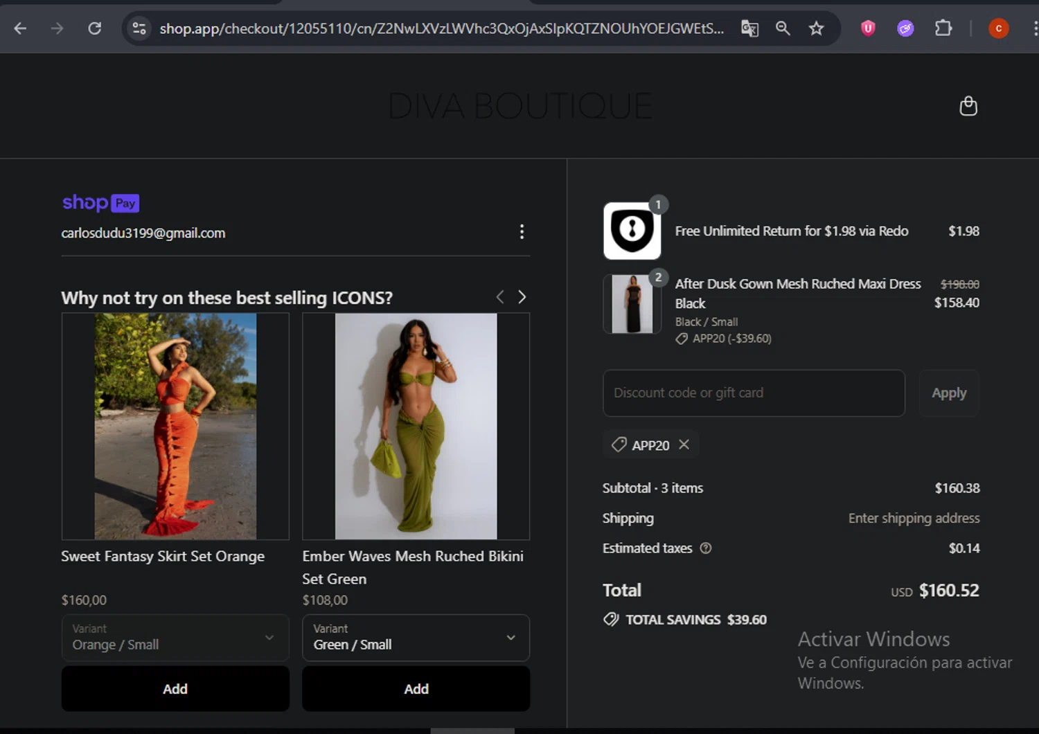 Diva Boutique discount code screenshot showing code APP20 applied at Diva Boutique checkout page. Uploaded by SimplyCodes community member CashSage6731 on Jul 7, 2025