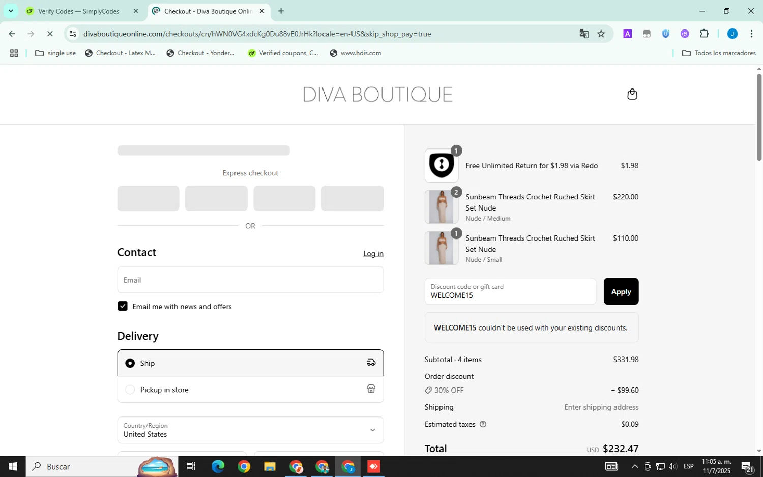 Diva Boutique discount code screenshot showing code WELCOME15 applied at Diva Boutique checkout page. Uploaded by SimplyCodes community member Xemocodes on Jul 11, 2025
