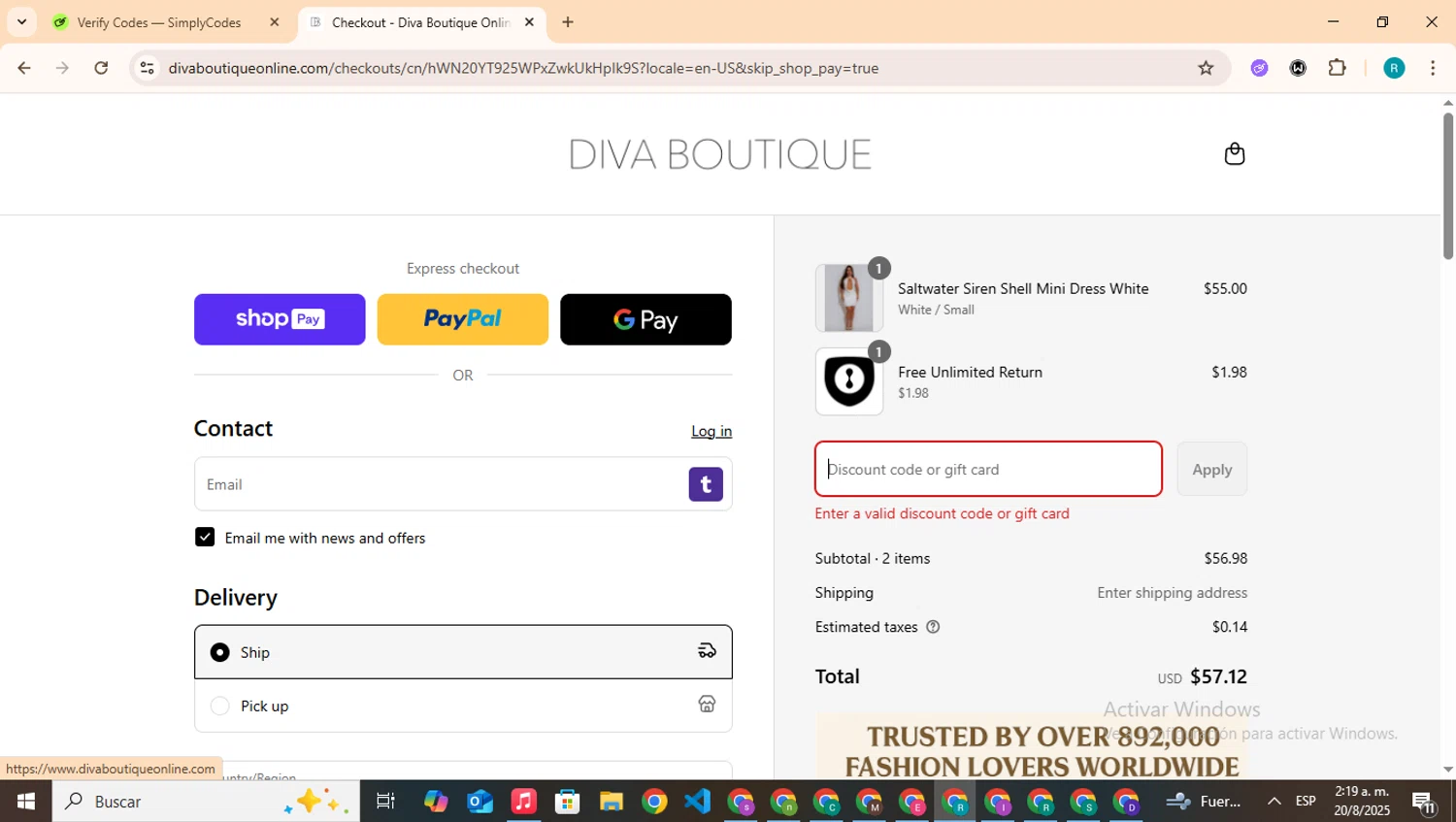 Diva Boutique discount code screenshot showing code HEAT25 applied at Diva Boutique checkout page. Uploaded by SimplyCodes community member BudgetHero4407 on Aug 20, 2025