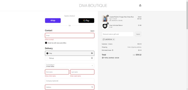 Diva Boutique checkout page showing Diva Boutique discount code box | Screenshot taken by SimplyCodes community member on Aug 28, 2025