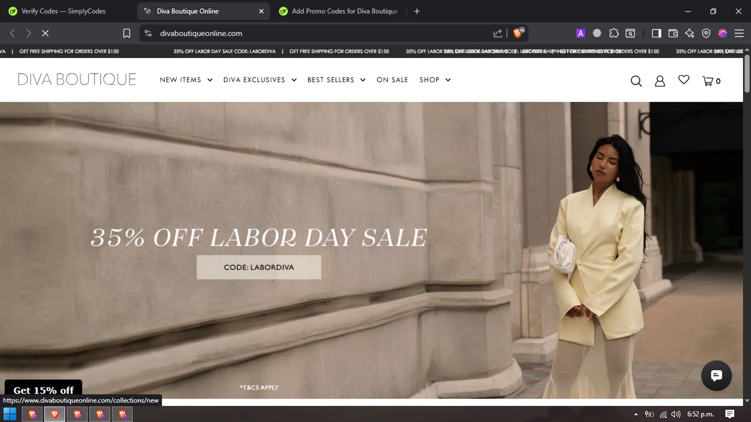 Diva Boutique discount code screenshot showing code LABORDIVA applied at Diva Boutique checkout page. Uploaded by SimplyCodes community member ARCANGEL on Aug 28, 2025