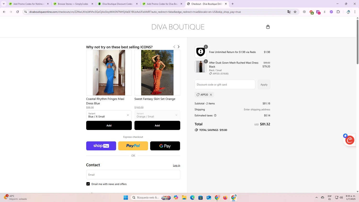 Diva Boutique discount code screenshot showing code APP20 applied at Diva Boutique checkout page. Uploaded by SimplyCodes community member OriCarol on Jul 1, 2025