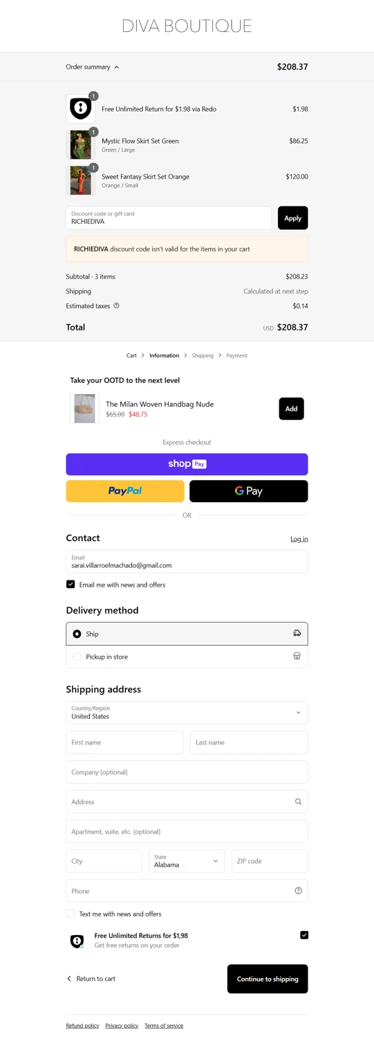 Diva Boutique discount code screenshot showing code RICHIEDIVA applied at Diva Boutique checkout page. Uploaded by SimplyCodes community member SaraiVillarroel on May 12, 2025