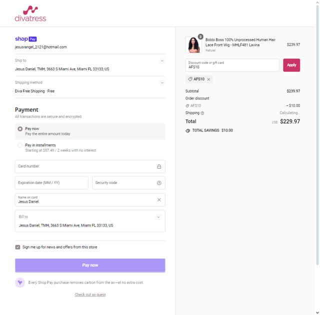 Divatress checkout page showing Divatress promo code box | Screenshot taken by SimplyCodes community member on Apr 11, 2024