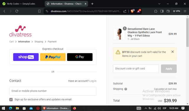 Divatress checkout page showing Divatress promo code box | Screenshot taken by SimplyCodes community member on May 16, 2024