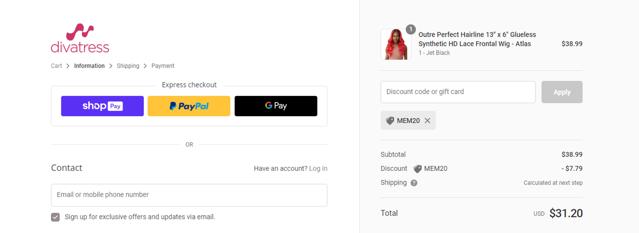 Divatress checkout page showing Divatress promo code box | Screenshot taken by SimplyCodes community member on May 23, 2024