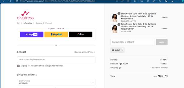 Divatress checkout page showing Divatress promo code box | Screenshot taken by SimplyCodes community member on Jul 5, 2024