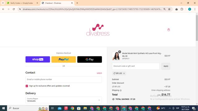 Divatress checkout page showing Divatress promo code box | Screenshot taken by SimplyCodes community member on Jul 28, 2024