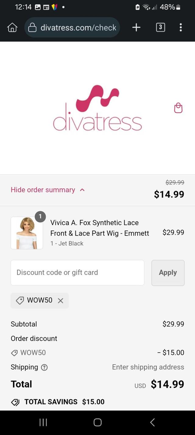 Divatress checkout page showing Divatress promo code box | Screenshot taken by SimplyCodes community member on Aug 18, 2024