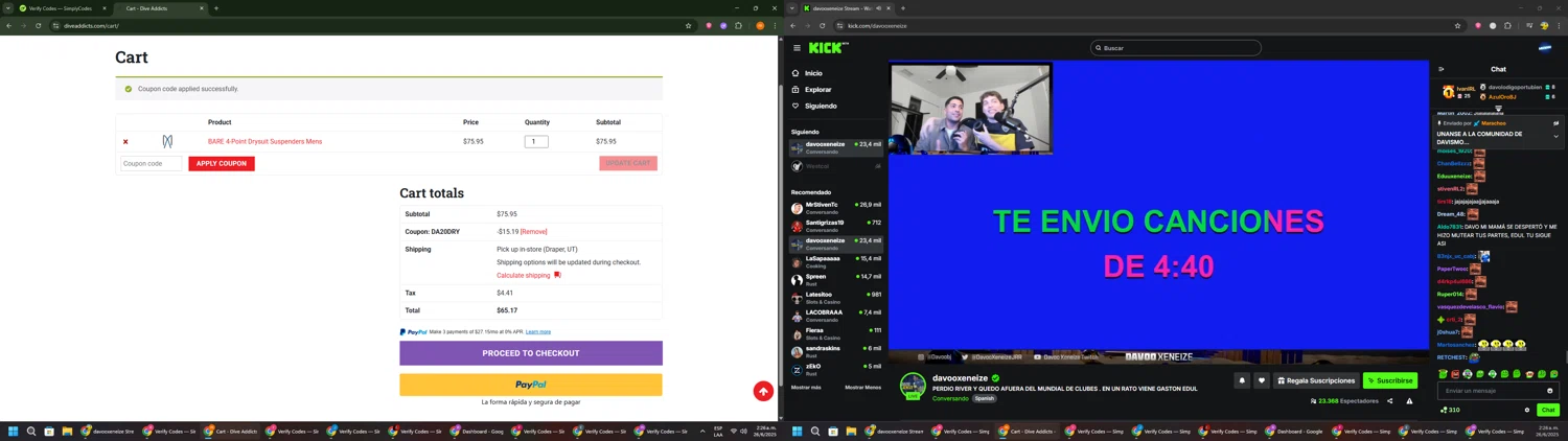 Dive Addicts promo code screenshot showing code DA20DRY applied at Dive Addicts checkout page. Uploaded by SimplyCodes community member Davoxeneixe on Jun 26, 2025