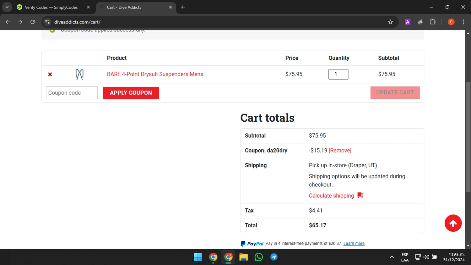 Dive Addicts promo code screenshot showing code DA20DRY applied at Dive Addicts checkout page. Uploaded by SimplyCodes community member CrownHero8789 on Dec 31, 2024
