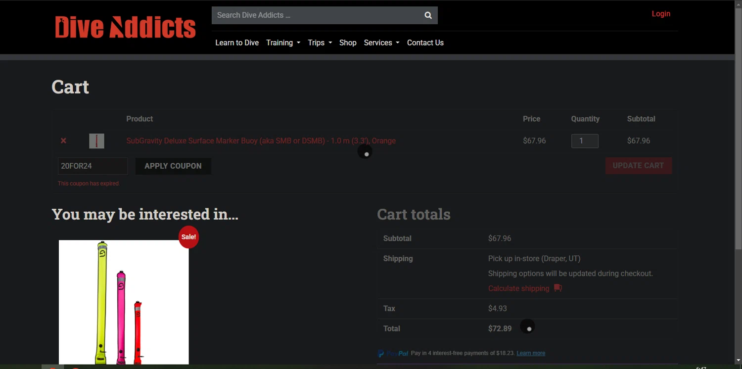 Dive Addicts promo code screenshot showing code 20FOR24 applied at Dive Addicts checkout page. Uploaded by SimplyCodes community member Nor_man on Jan 24, 2025