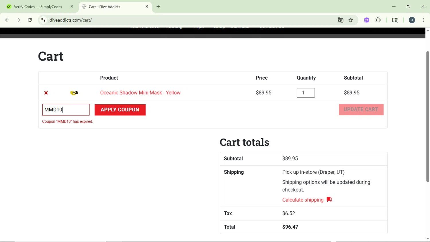 Dive Addicts promo code screenshot showing code MMD10 applied at Dive Addicts checkout page. Uploaded by SimplyCodes community member GloriousCollector9930 on Jun 21, 2025